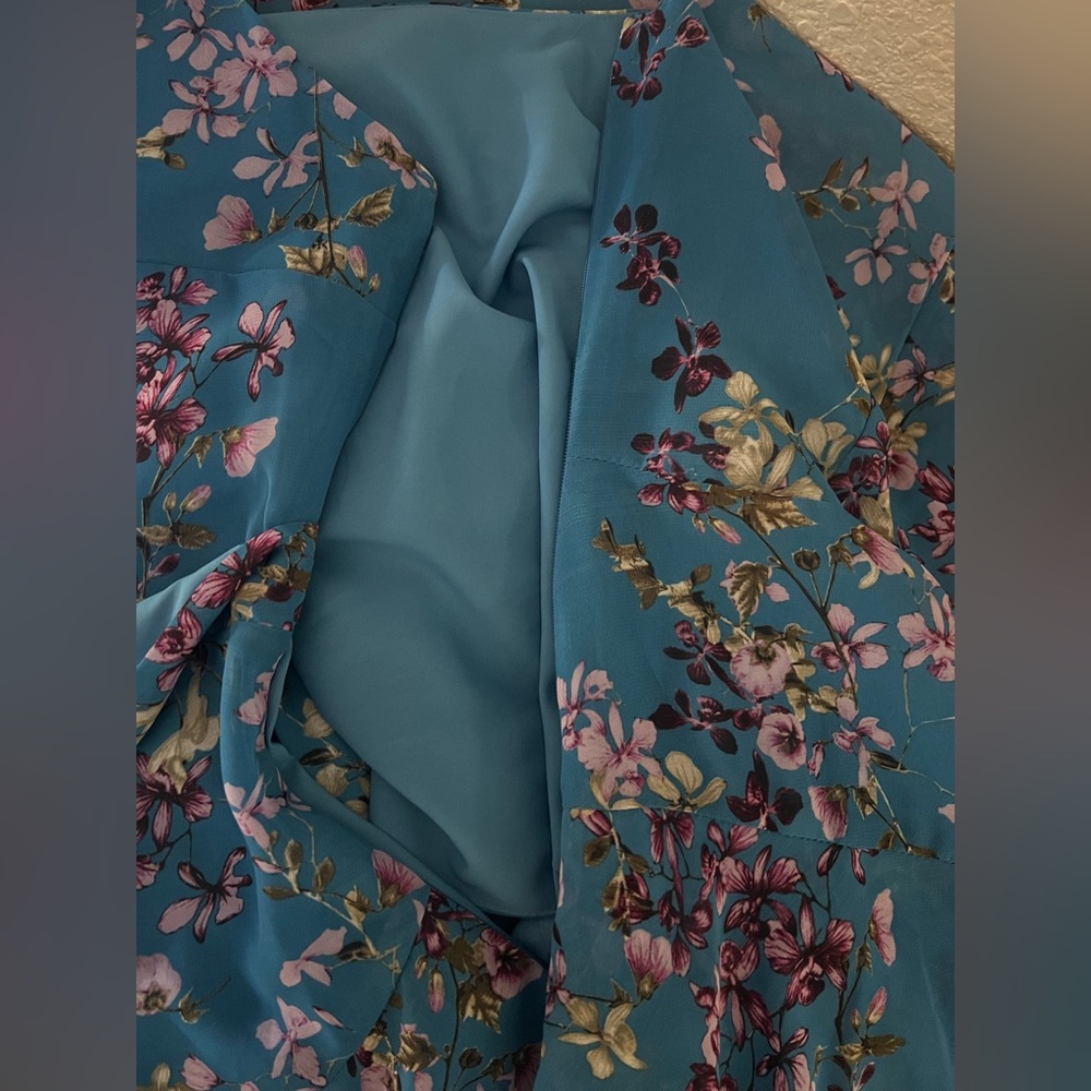 INC blue floral faux wrap ruffle dress - Picture 5 of 5